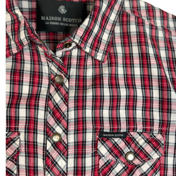 Maison Scotch (Sz 2) Plaid Snap Button Leather Elbow Patch Shirt - Picture 5 of 13